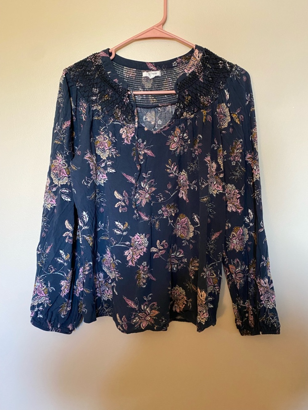 Navy Floral Smocked Blouse